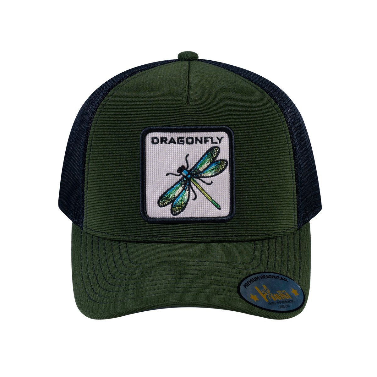 Unisex V2 Embroidered The Dragonfly, 5-Panel Trucker Hat, Olive/Black, Adjustable Fit