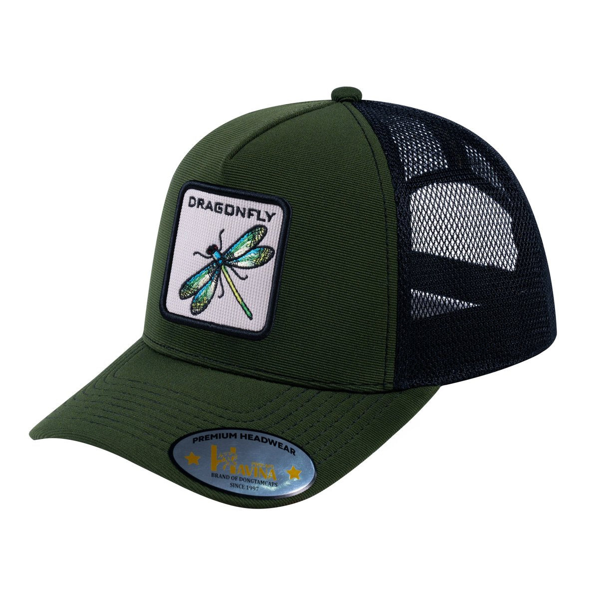 Unisex V2 Embroidered The Dragonfly, 5-Panel Trucker Hat, Olive/Black, Adjustable Fit
