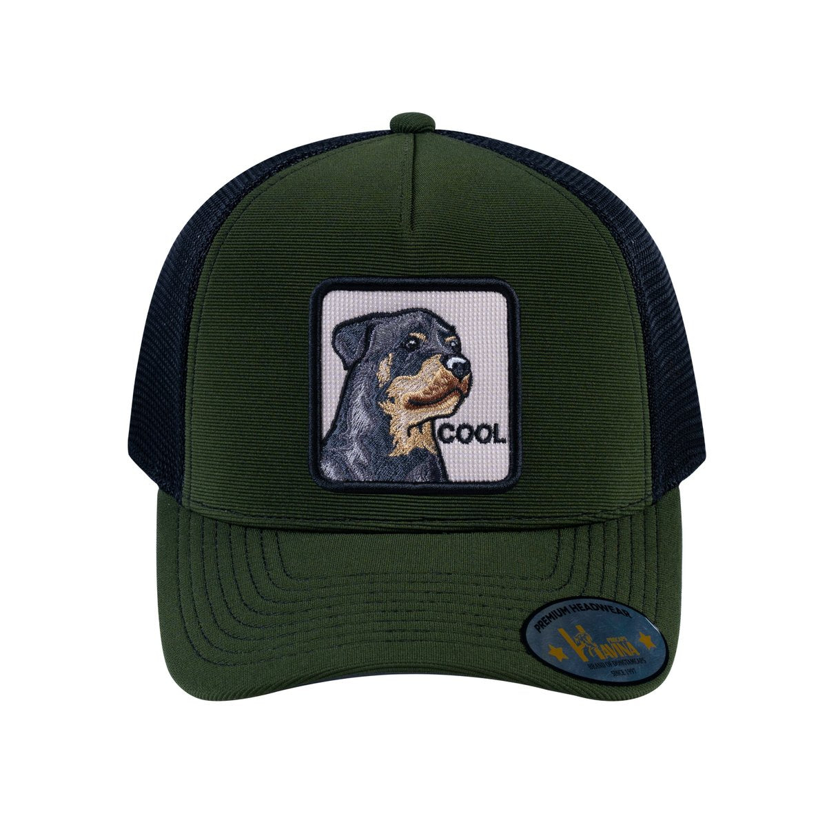 Unisex V2 Embroidered The Dog, 5-Panel Trucker Hat, Olive/Black, Adjustable Fit