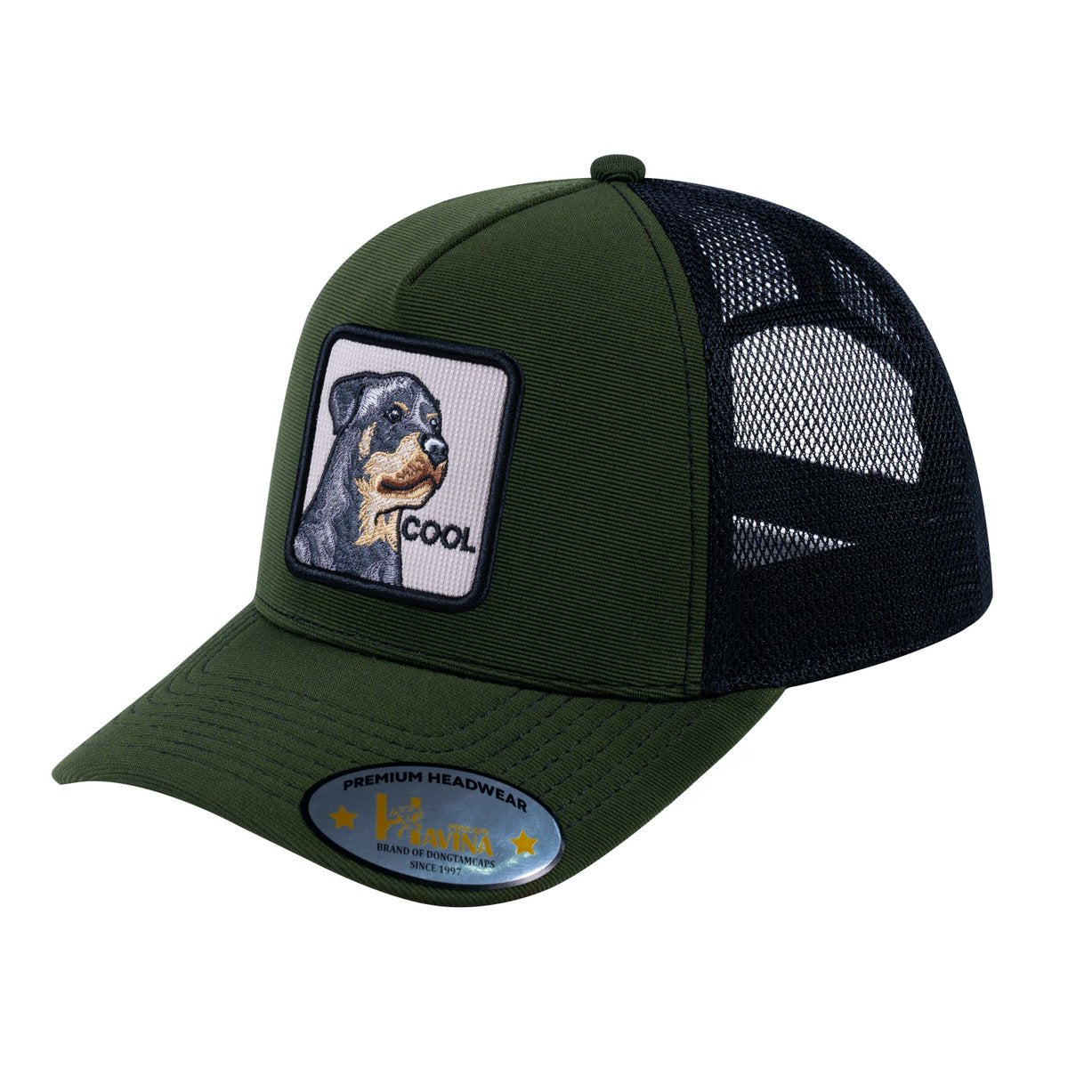 Unisex V2 Embroidered The Dog, 5-Panel Trucker Hat, Olive/Black, Adjustable Fit