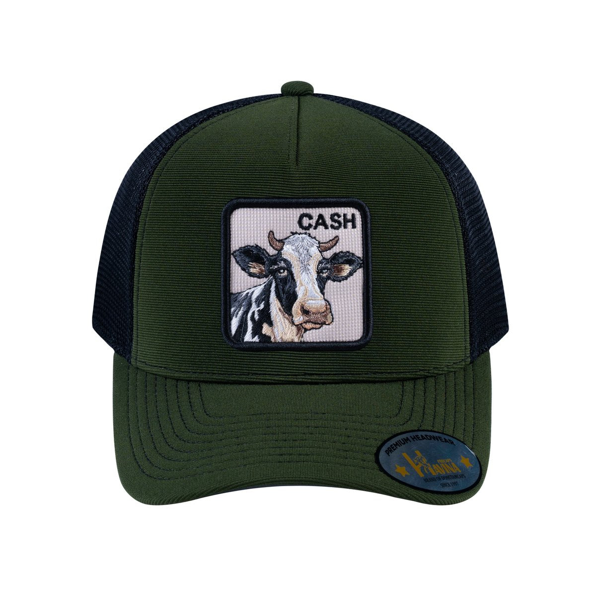 Unisex V2 Embroidered The Cow, 5-Panel Trucker Hat, Olive/Black, Adjustable Fit