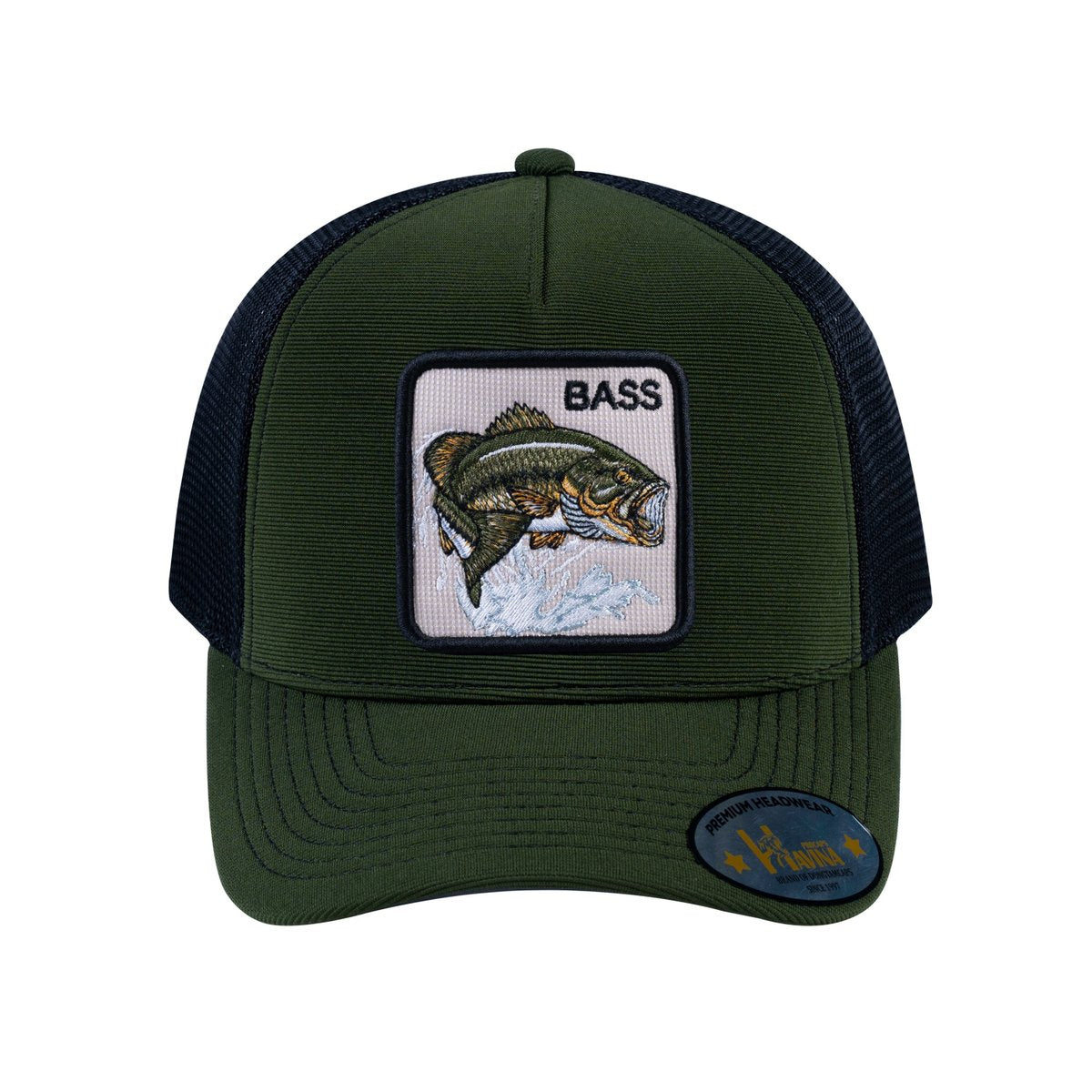 Unisex V2 Embroidered The Bass, 5-Panel Trucker Hat, Olive/Black, Adjustable Fit