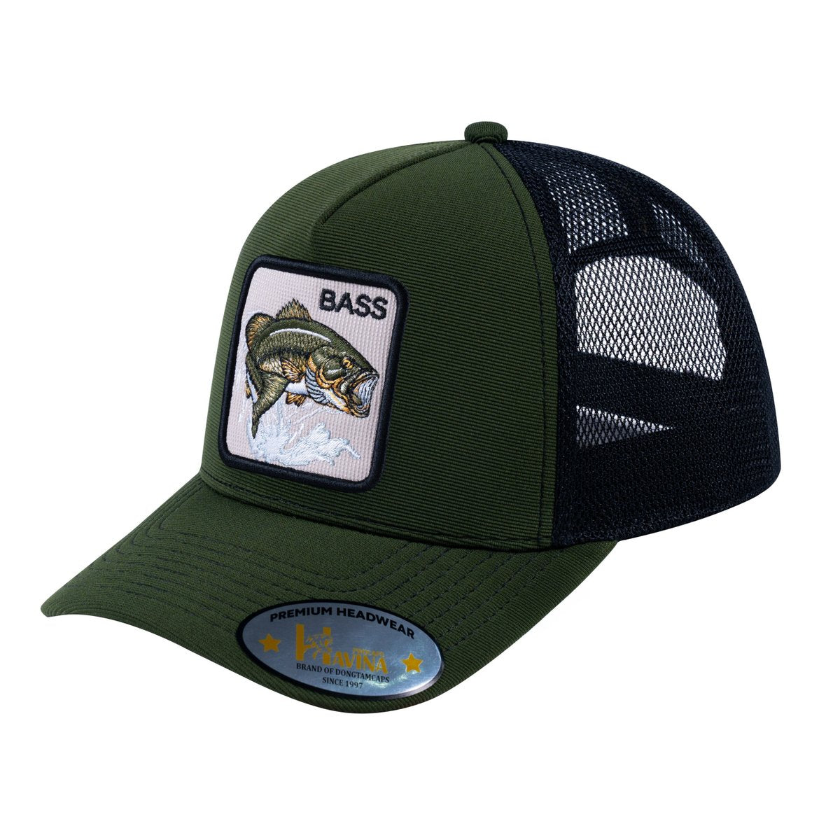 Unisex V2 Embroidered The Bass, 5-Panel Trucker Hat, Olive/Black, Adjustable Fit