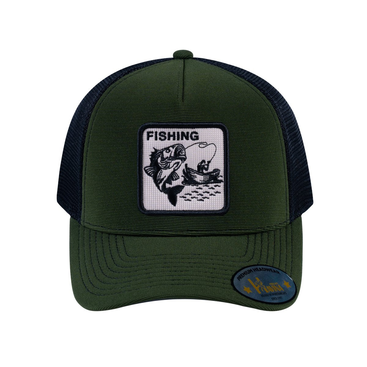 Unisex V2 Embroidered The Fishing, 5-Panel Trucker Hat, Olive/Black, Adjustable Fit