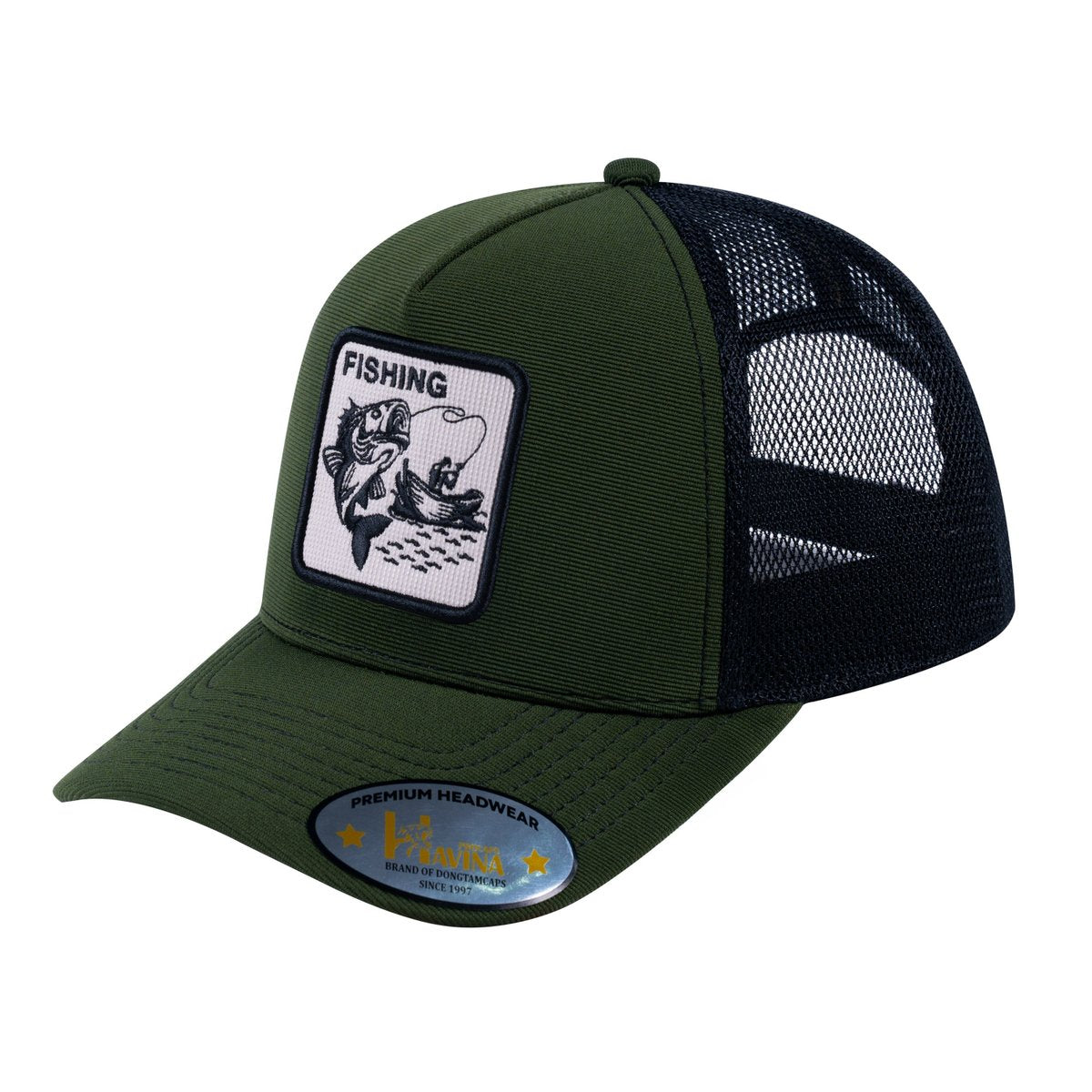 Unisex V2 Embroidered The Fishing, 5-Panel Trucker Hat, Olive/Black, Adjustable Fit