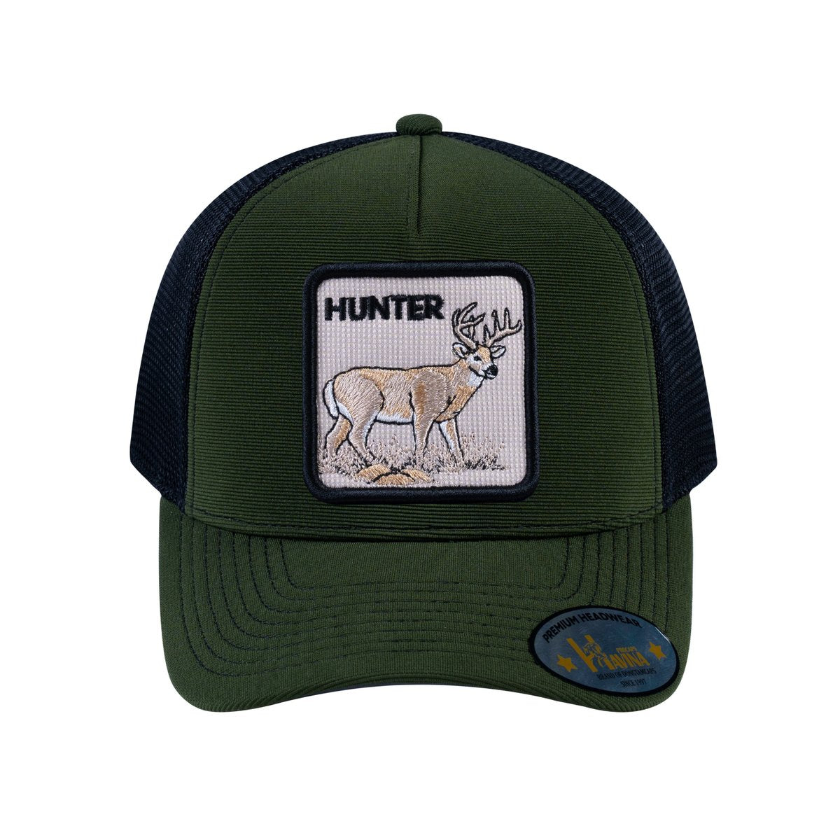 Unisex V2 Embroidered The Hunter, 5-Panel Trucker Hat, Olive/Black, Adjustable Fit