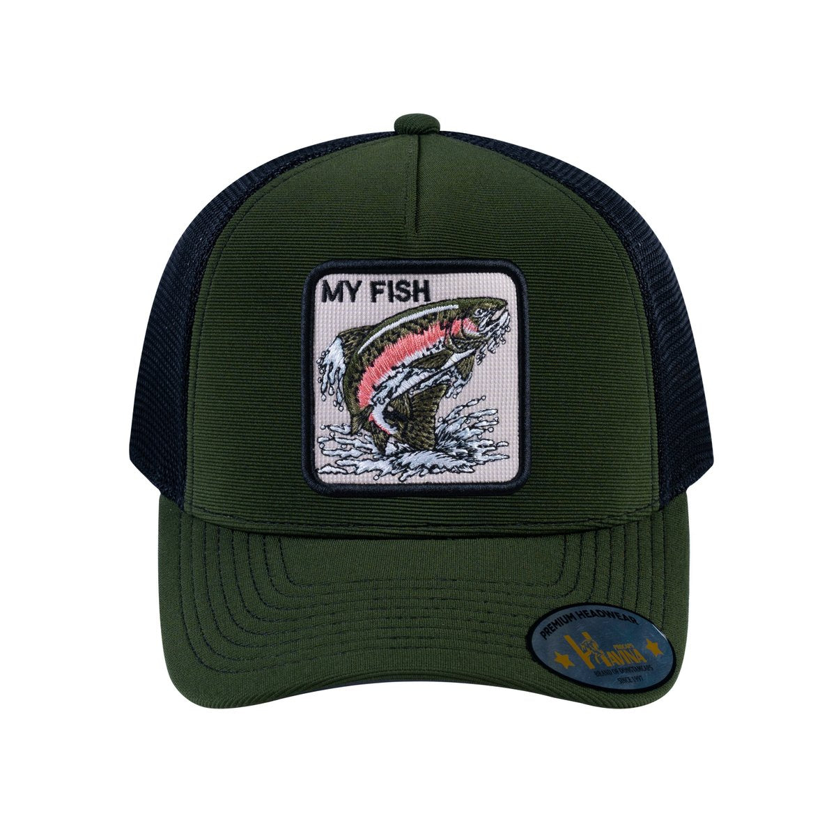 Unisex V2 Embroidered The Salmon, 5-Panel Trucker Hat, Olive/Black, Adjustable Fit