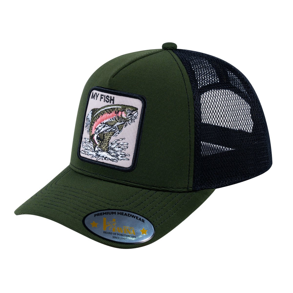 Unisex V2 Embroidered The Salmon, 5-Panel Trucker Hat, Olive/Black, Adjustable Fit