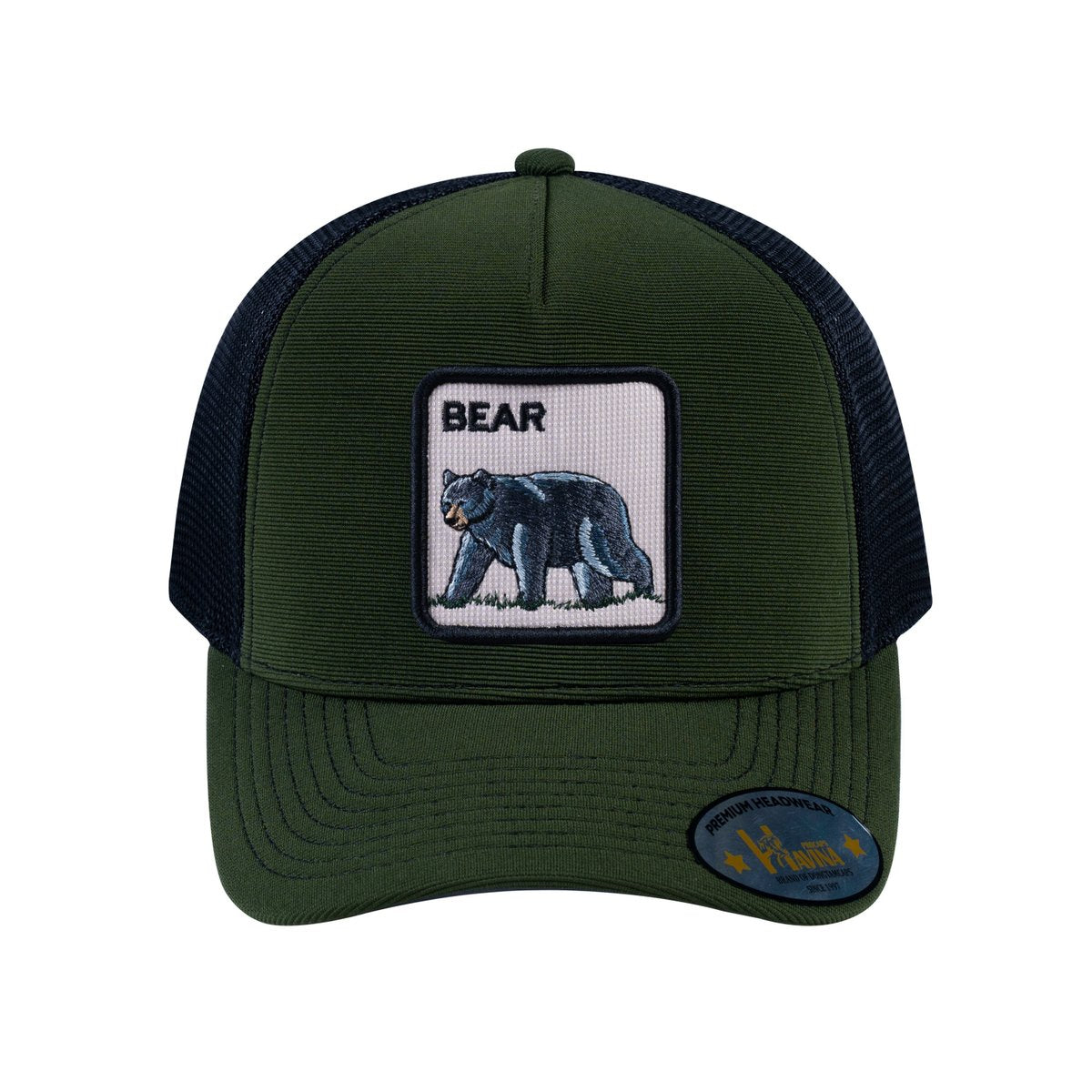 Unisex V2 Embroidered The Bear V2, 5-Panel Trucker Hat, Olive/Black, Adjustable Fit
