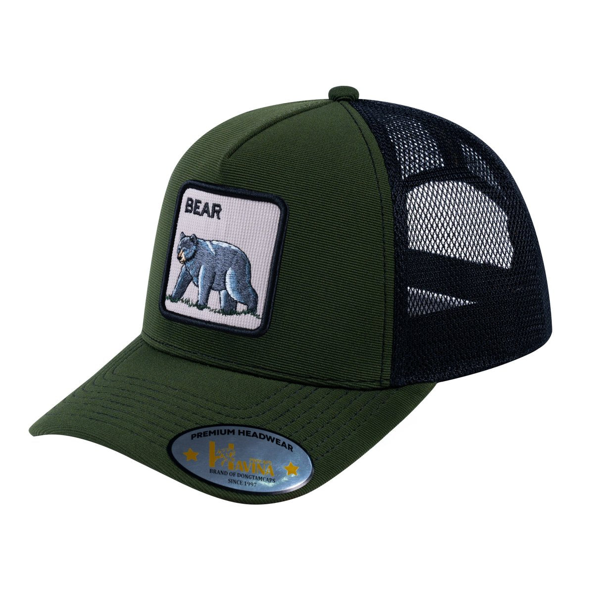 Unisex V2 Embroidered The Bear V2, 5-Panel Trucker Hat, Olive/Black, Adjustable Fit