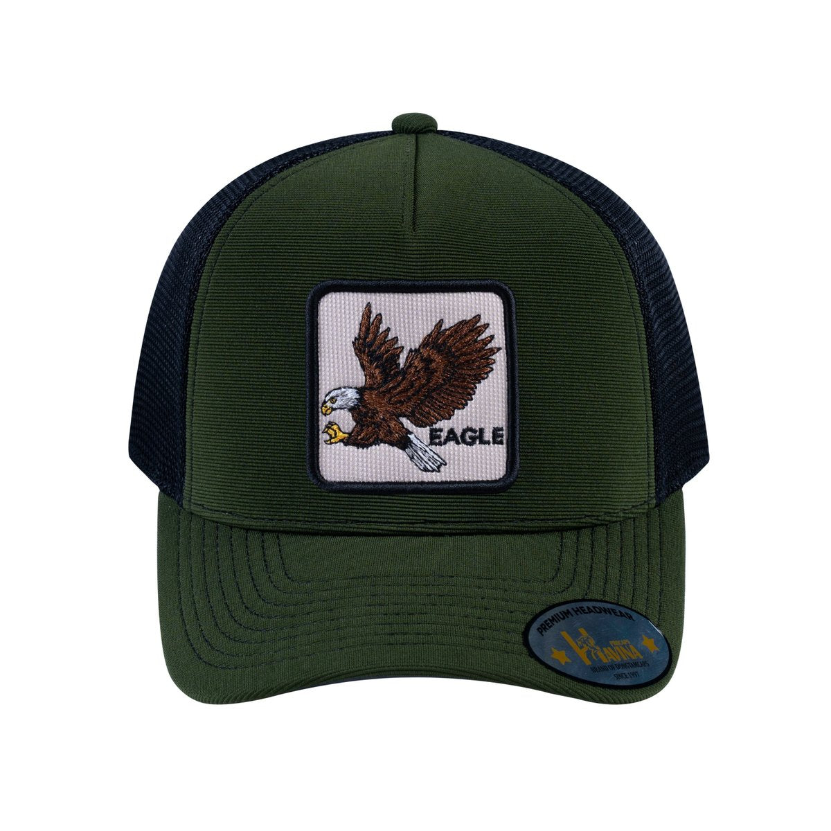Unisex V2 Embroidered The Eagle, 5-Panel Trucker Hat, Olive/Black, Adjustable Fit