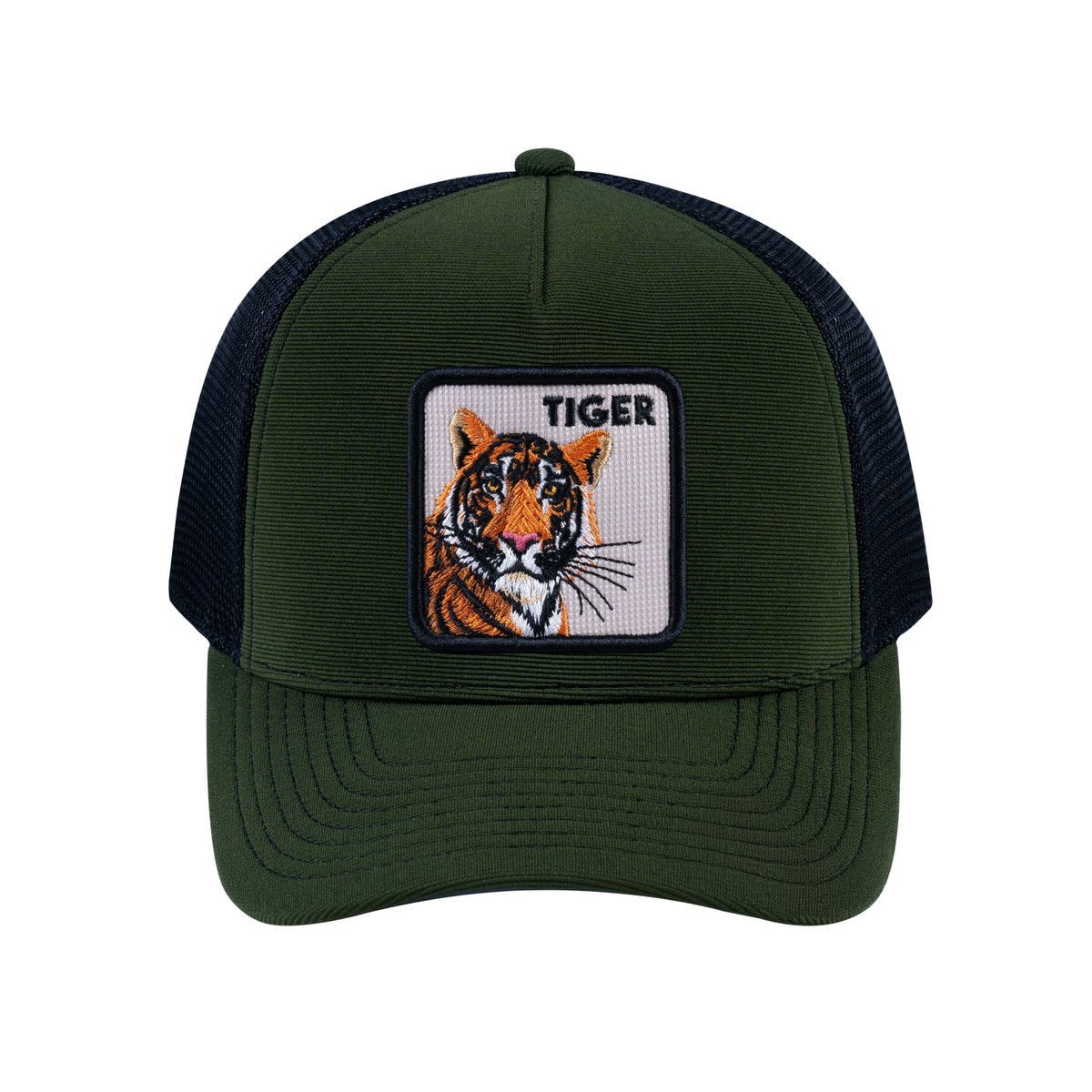 Unisex V2 Embroidered The Tiger, 5-Panel Trucker Hat, Olive/Black, Adjustable Fit