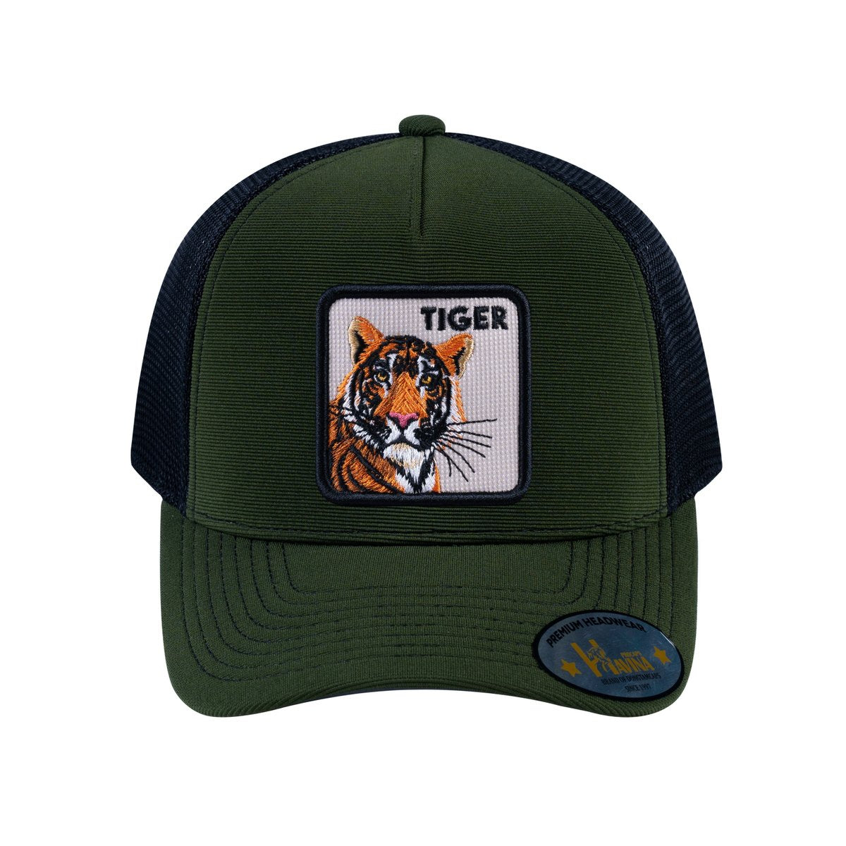 Unisex V2 Embroidered The Tiger, 5-Panel Trucker Hat, Olive/Black, Adjustable Fit
