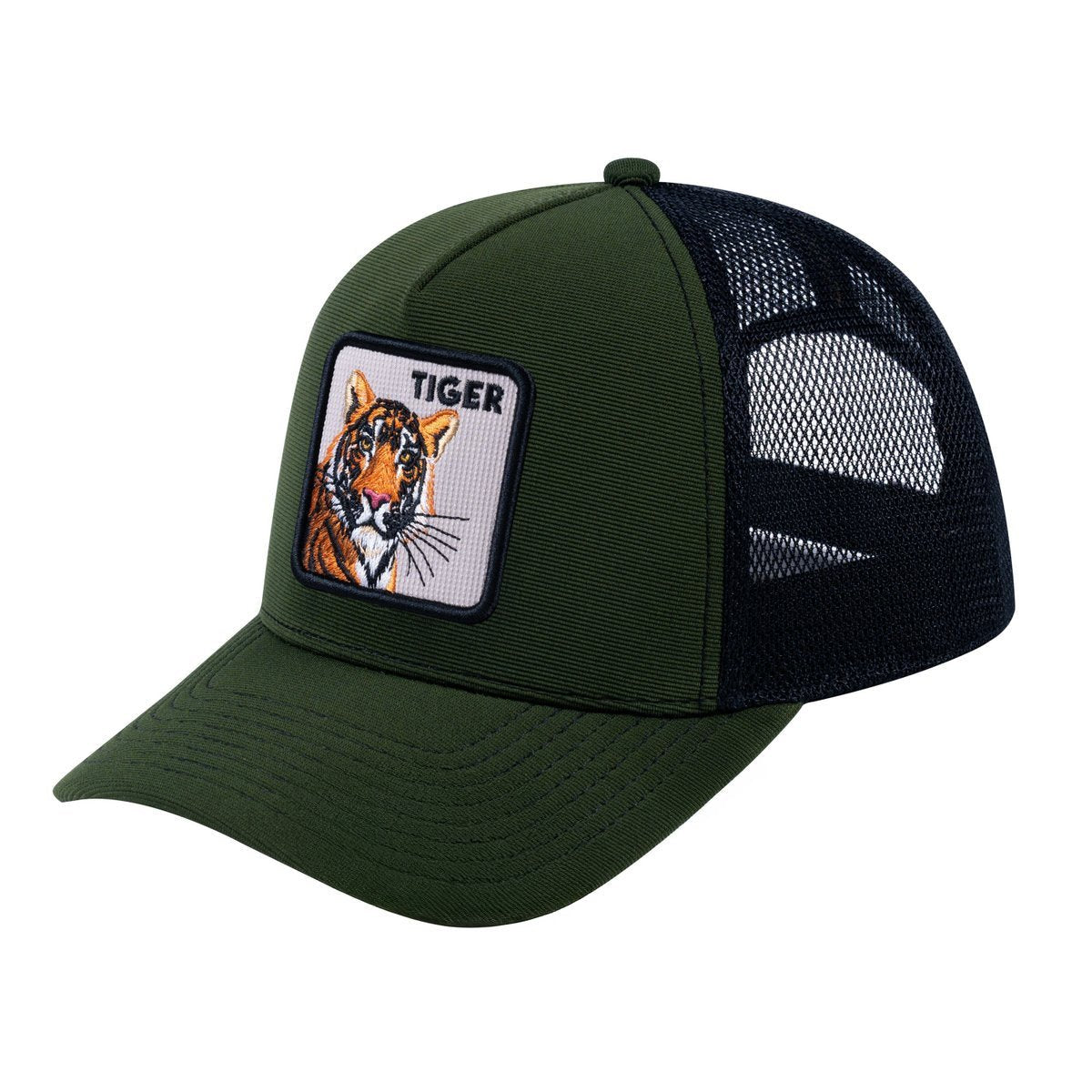 Unisex V2 Embroidered The Tiger, 5-Panel Trucker Hat, Olive/Black, Adjustable Fit