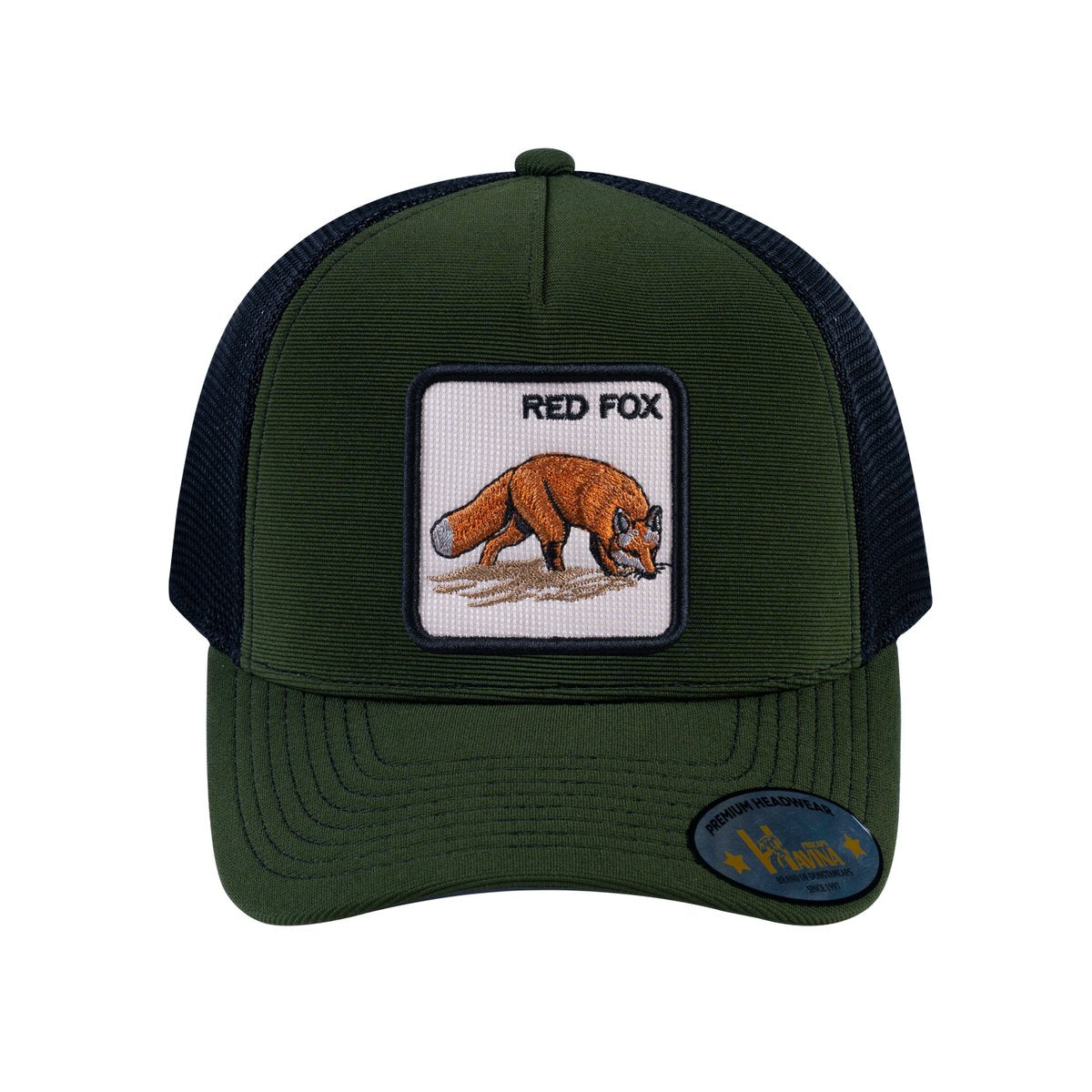 Unisex V2 Embroidered The Red Fox, 5-Panel Trucker Hat, Olive/Black, Adjustable Fit