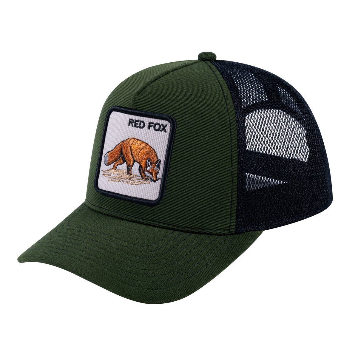 Unisex V2 Embroidered The Red Fox, 5-Panel Trucker Hat, Olive/Black, Adjustable Fit