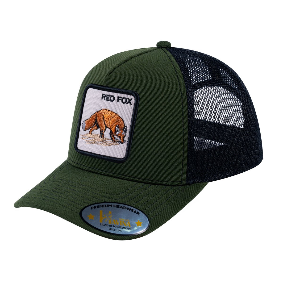 Unisex V2 Embroidered The Red Fox, 5-Panel Trucker Hat, Olive/Black, Adjustable Fit