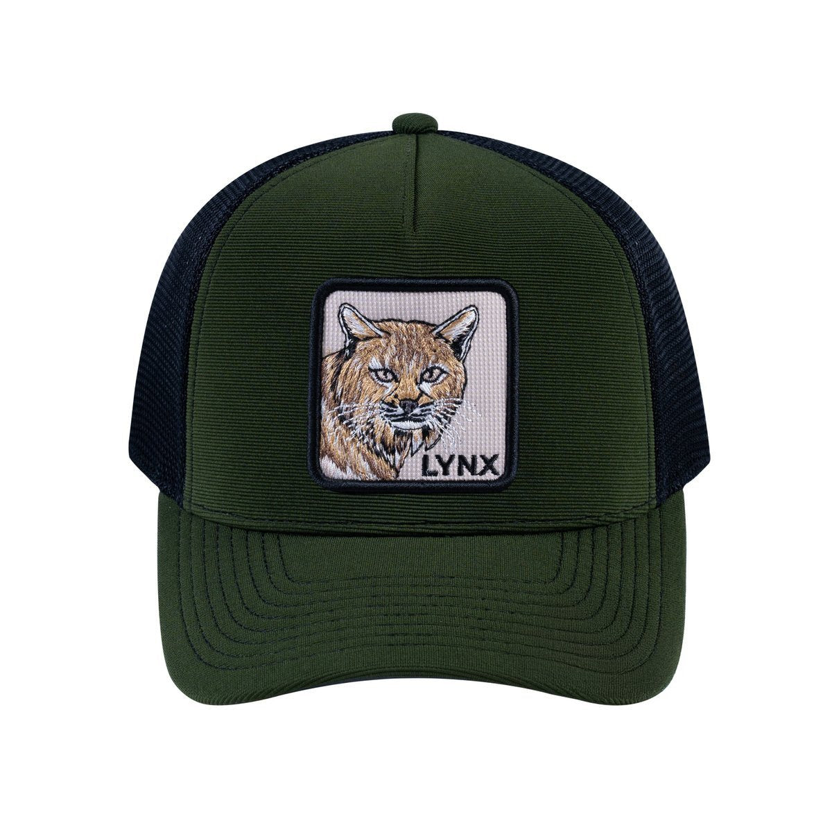 Unisex V2 Embroidered The Lynx, 5-Panel Trucker Hat, Olive/Black, Adjustable Fit