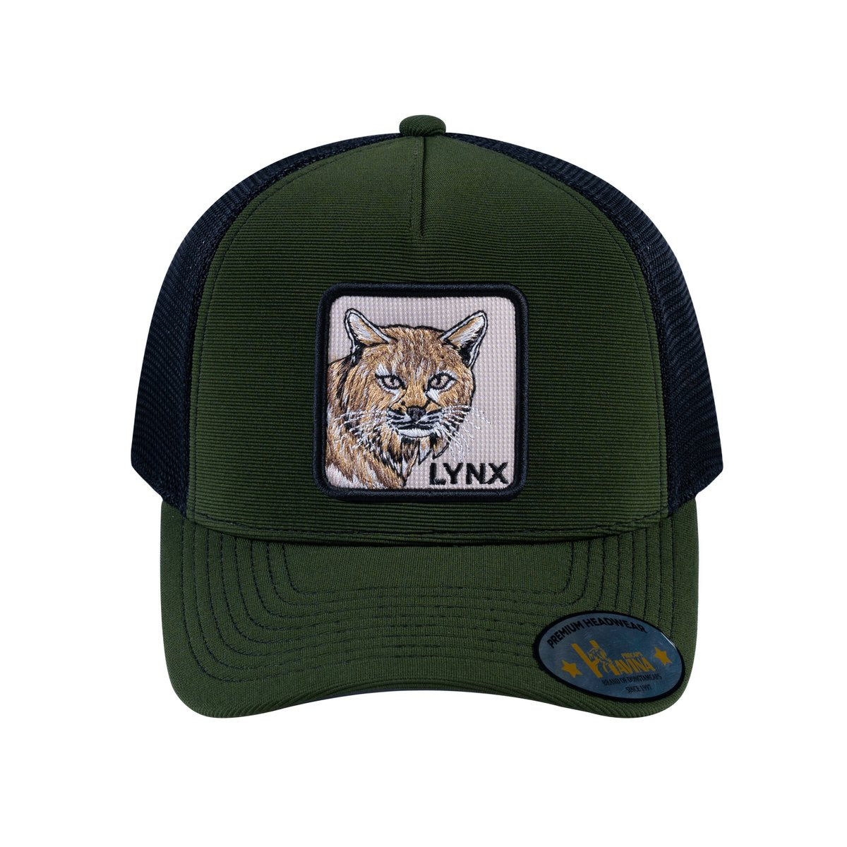 Unisex V2 Embroidered The Lynx, 5-Panel Trucker Hat, Olive/Black, Adjustable Fit