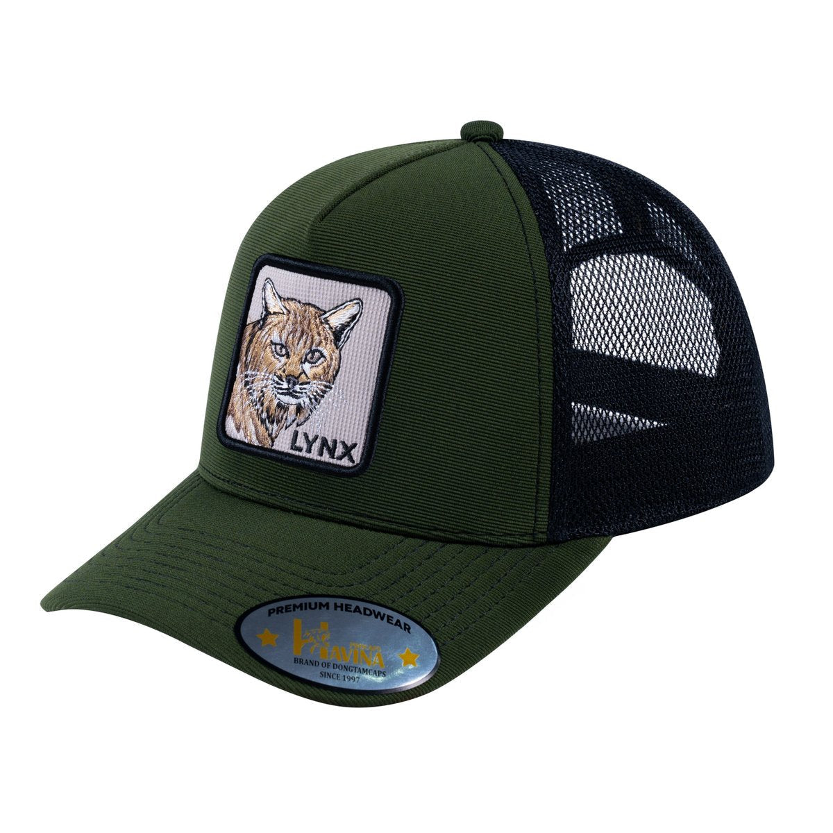 Unisex V2 Embroidered The Lynx, 5-Panel Trucker Hat, Olive/Black, Adjustable Fit