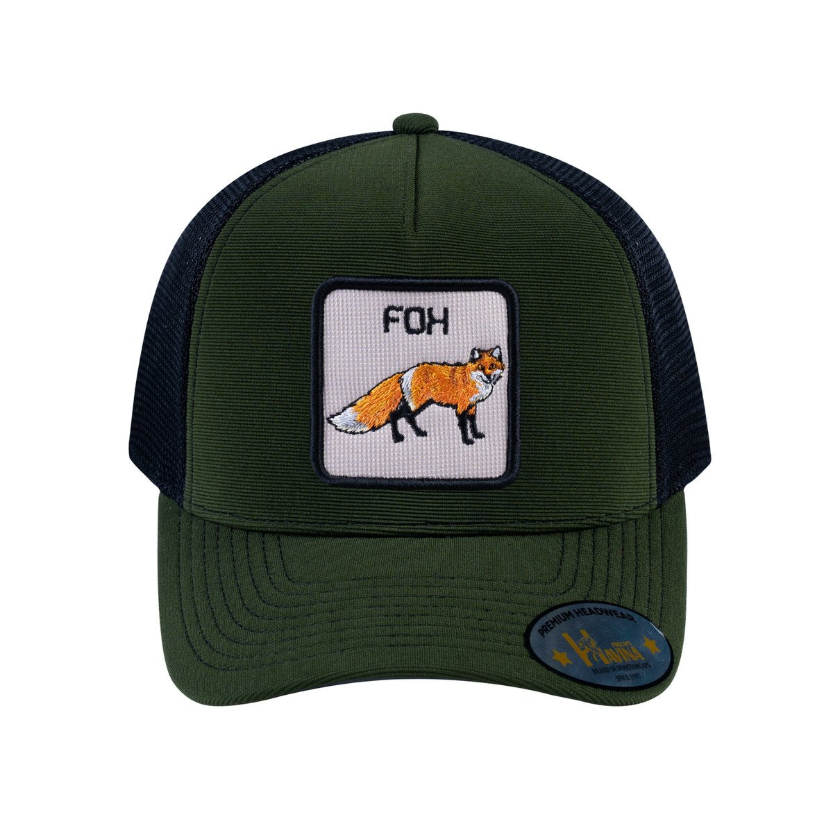 Unisex V2 Embroidered The Fox, 5-Panel Trucker Hat, Olive/Black, Adjustable Fit