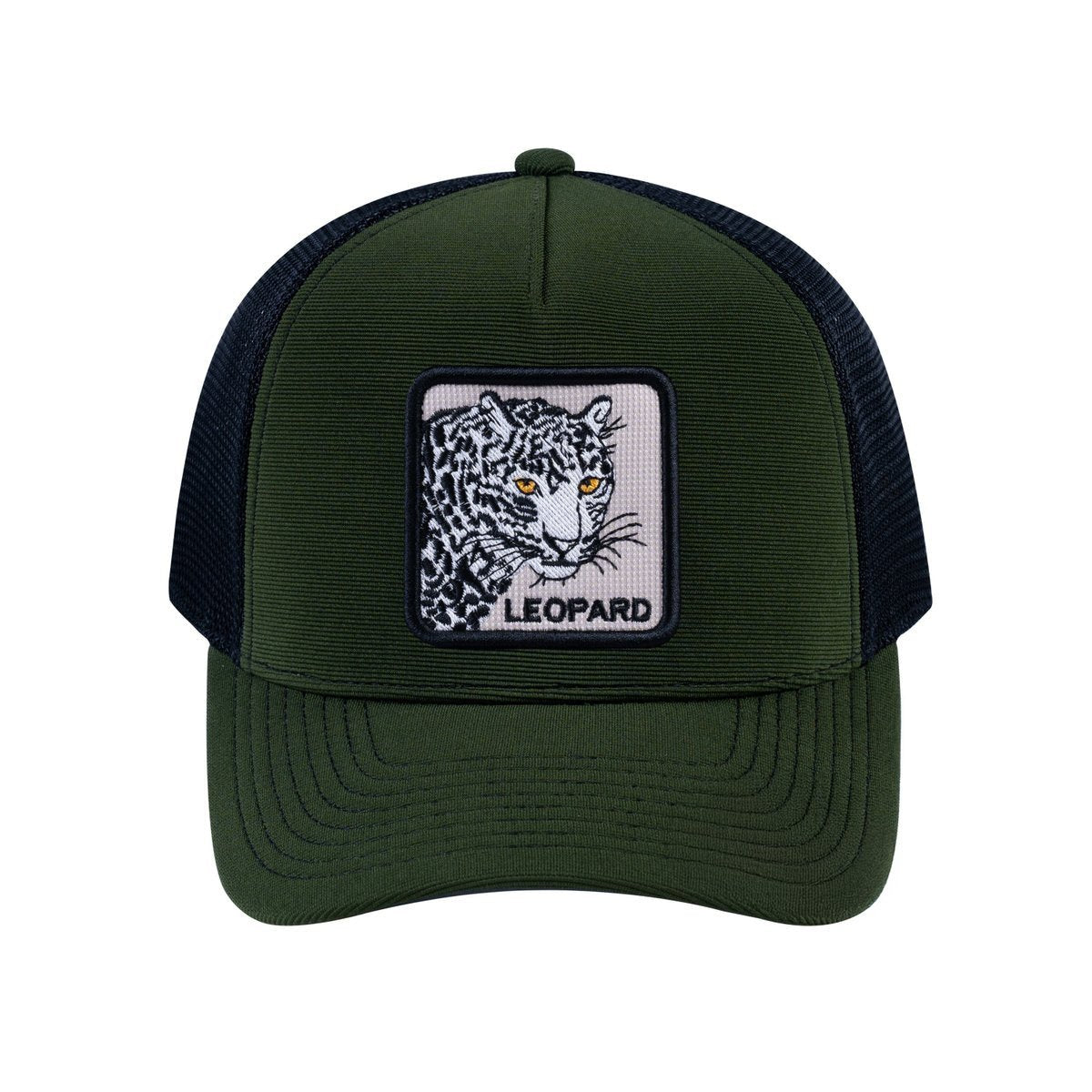 Unisex V2 Embroidered The Leopard, 5-Panel Trucker Hat, Olive/Black, Adjustable Fit