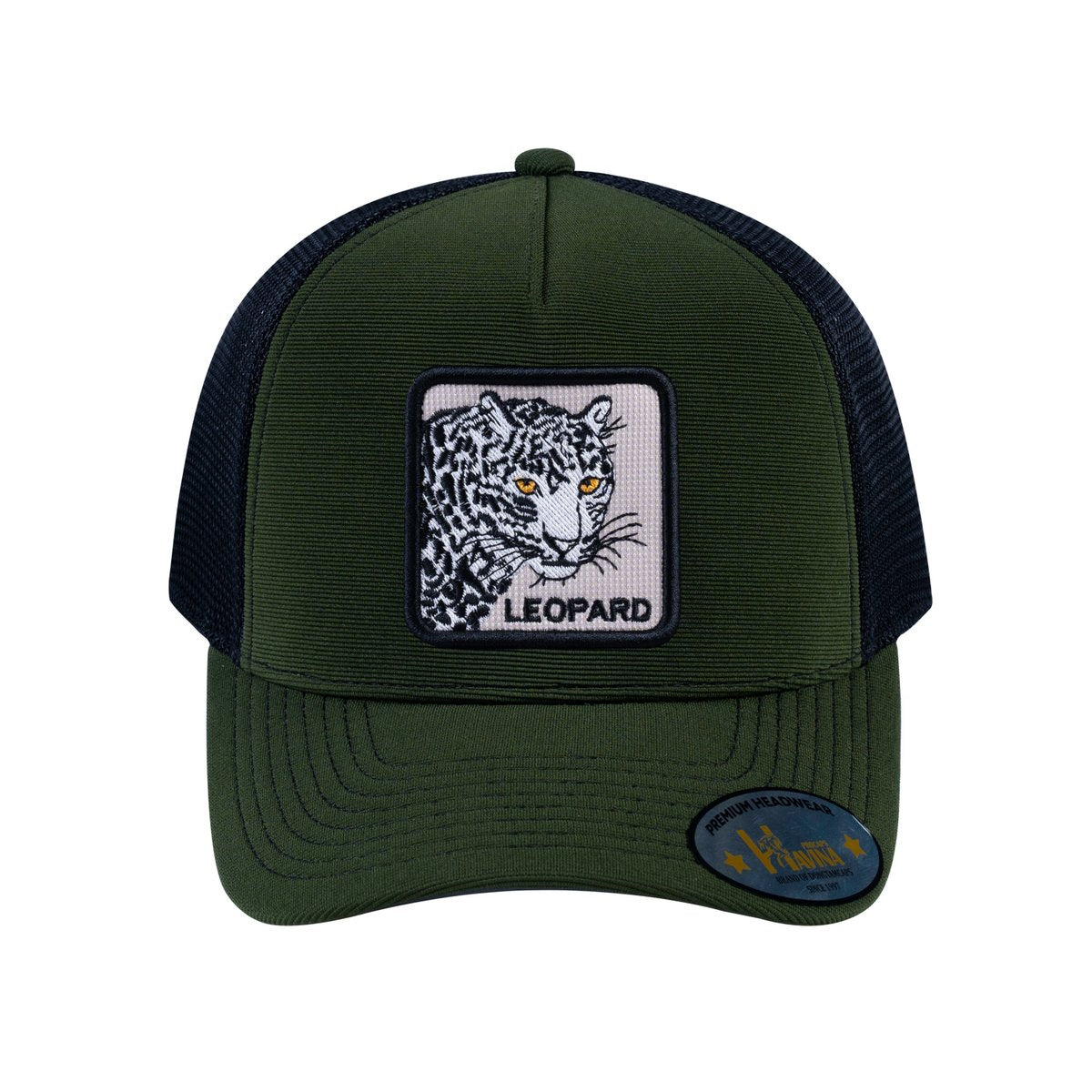Unisex V2 Embroidered The Leopard, 5-Panel Trucker Hat, Olive/Black, Adjustable Fit