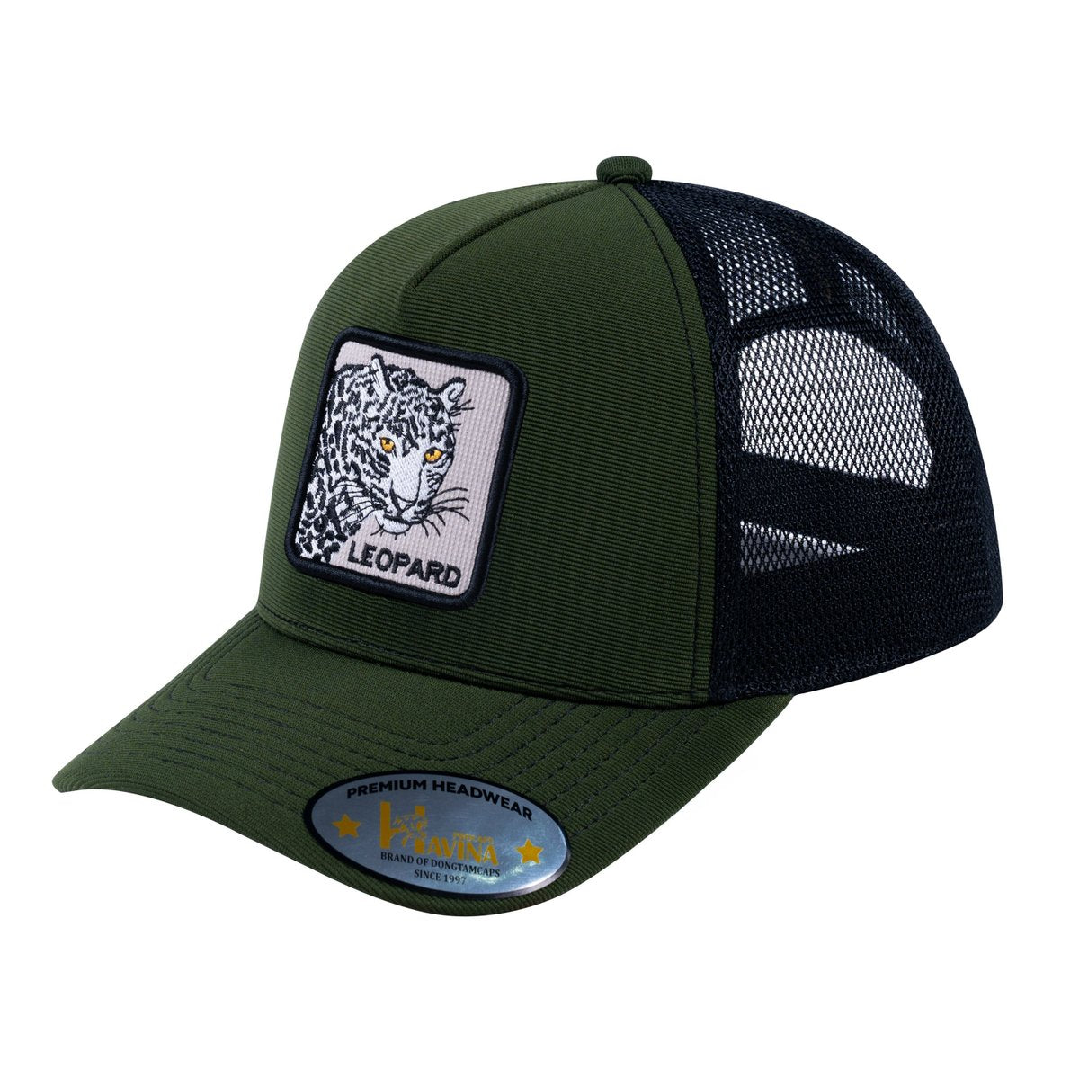 Unisex V2 Embroidered The Leopard, 5-Panel Trucker Hat, Olive/Black, Adjustable Fit