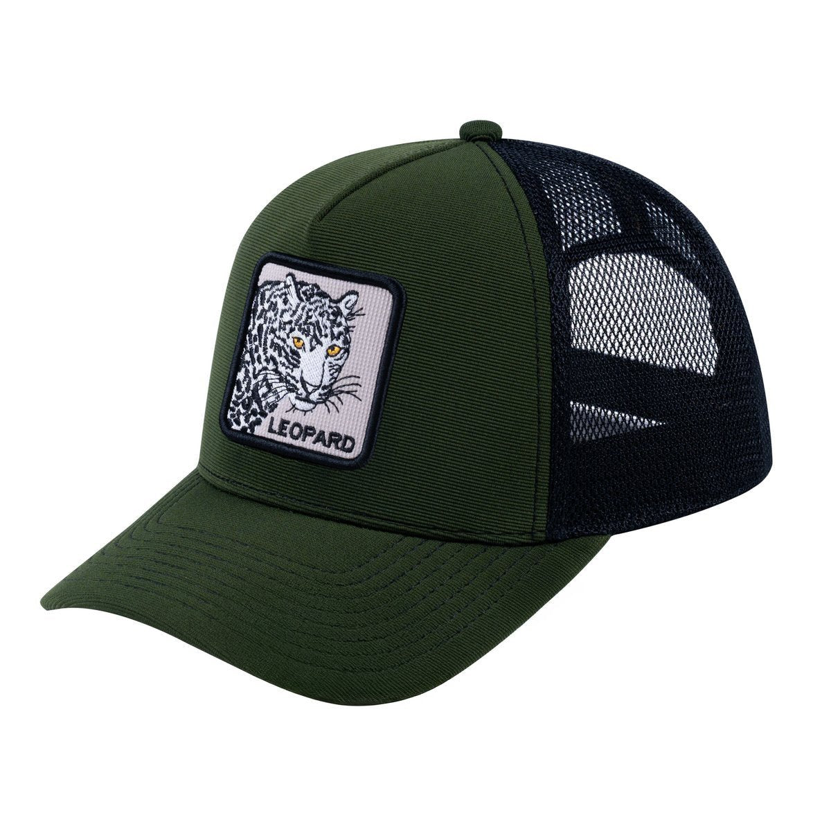 Unisex V2 Embroidered The Leopard, 5-Panel Trucker Hat, Olive/Black, Adjustable Fit