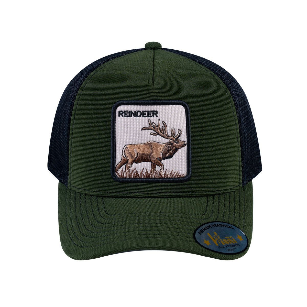 Unisex V2 Embroidered The Reindeer, 5-Panel Trucker Hat, Olive/Black, Adjustable Fit