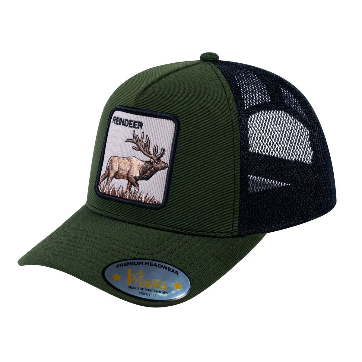 Unisex V2 Embroidered The Reindeer, 5-Panel Trucker Hat, Olive/Black, Adjustable Fit