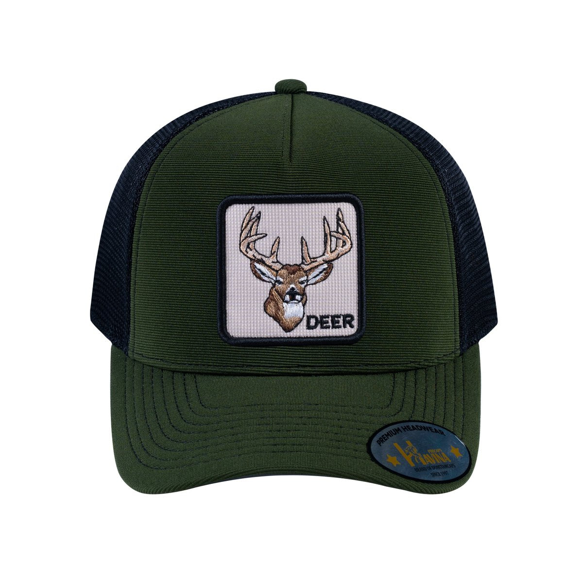 Unisex V2 Embroidered The Deer, 5-Panel Trucker Hat, Olive/Black, Adjustable Fit