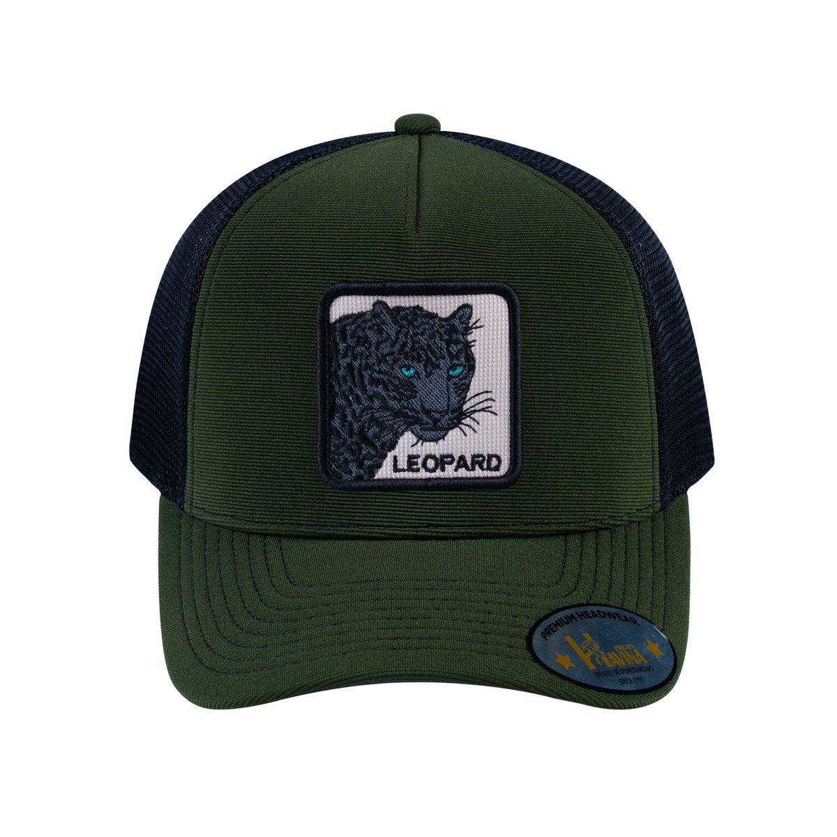 Unisex V2 Embroidered The Leopard V2, 5-Panel Trucker Hat, Olive/Black, Adjustable Fit