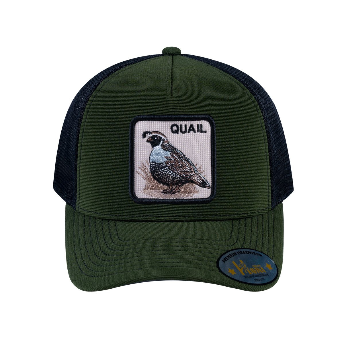Unisex V2 Embroidered The Quail, 5-Panel Trucker Hat, Olive/Black, Adjustable Fit