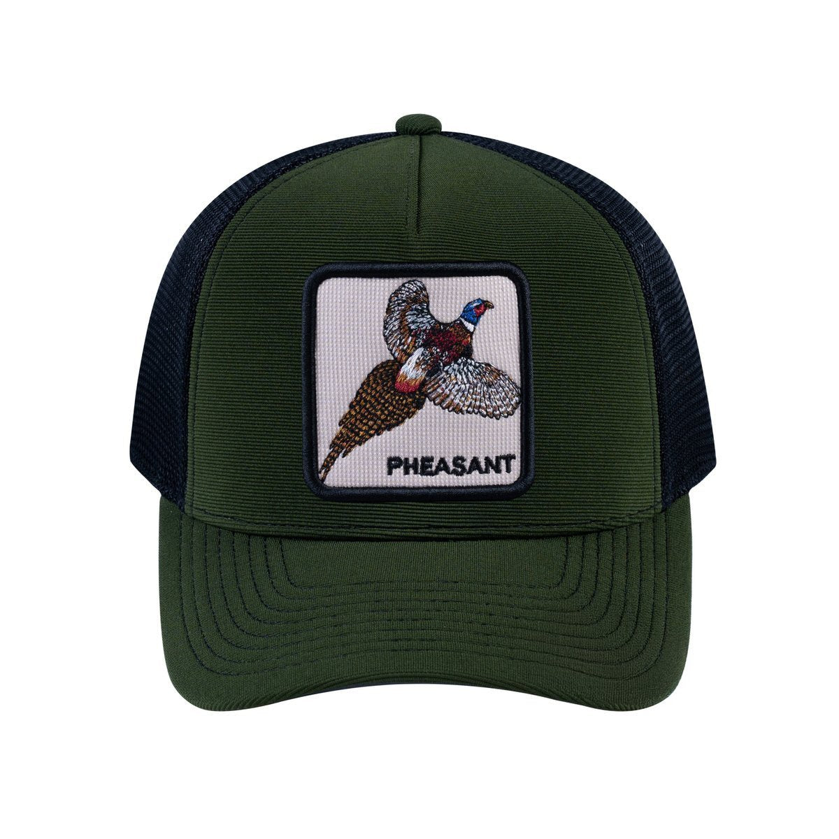 Unisex V2 Embroidered The Pheasant, 5-Panel Trucker Hat, Olive/Black, Adjustable Fit