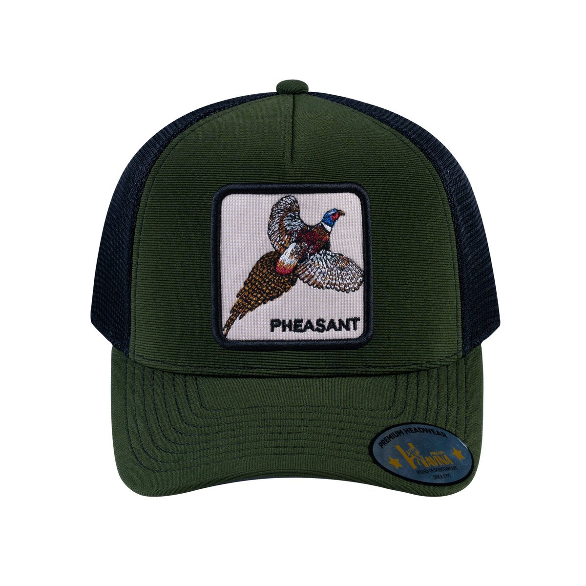 Unisex V2 Embroidered The Pheasant, 5-Panel Trucker Hat, Olive/Black, Adjustable Fit