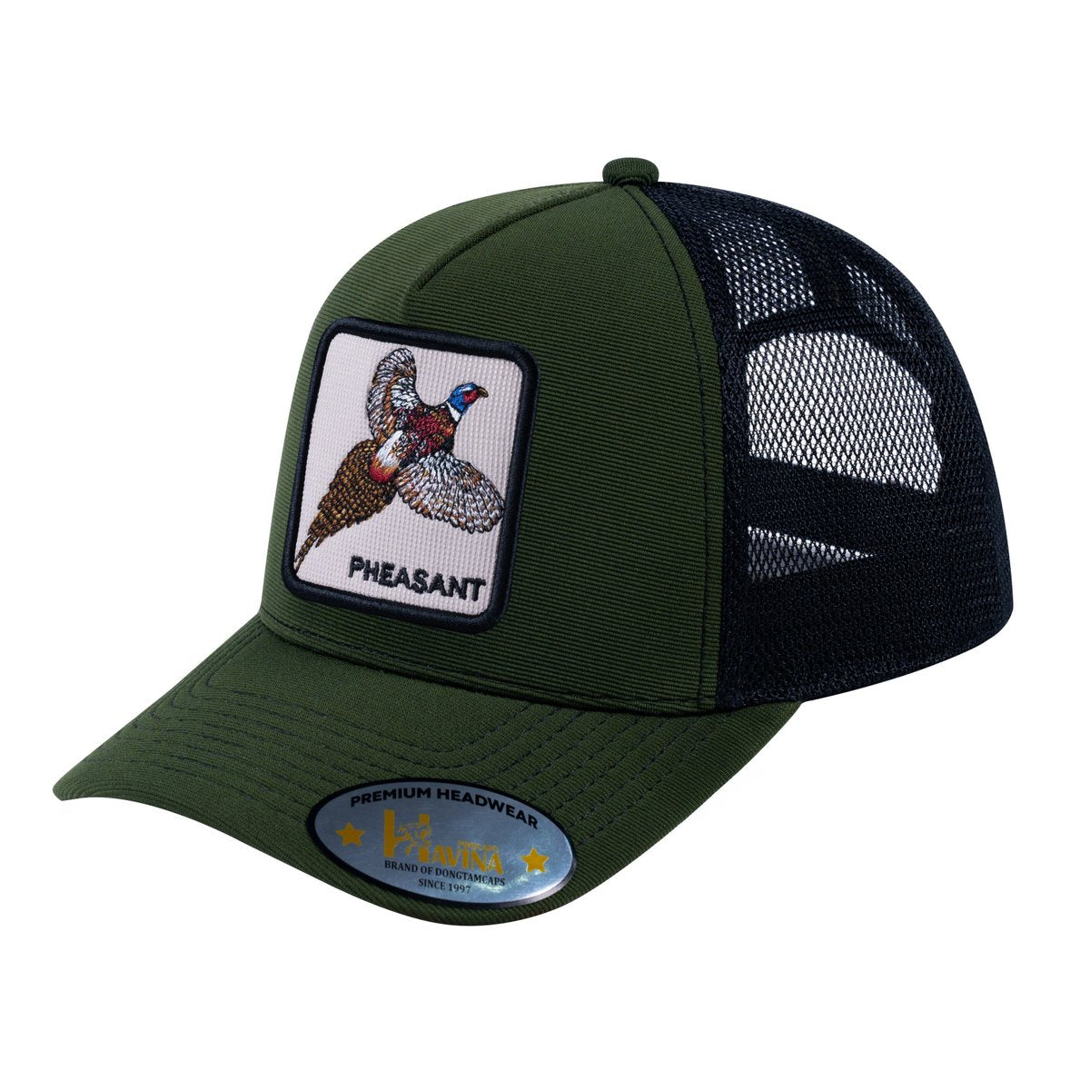 Unisex V2 Embroidered The Pheasant, 5-Panel Trucker Hat, Olive/Black, Adjustable Fit