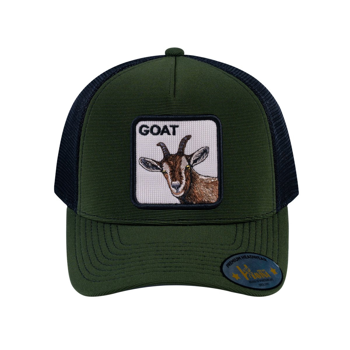 Unisex V2 Embroidered The Goat, 5-Panel Trucker Hat, Olive/Black, Adjustable Fit