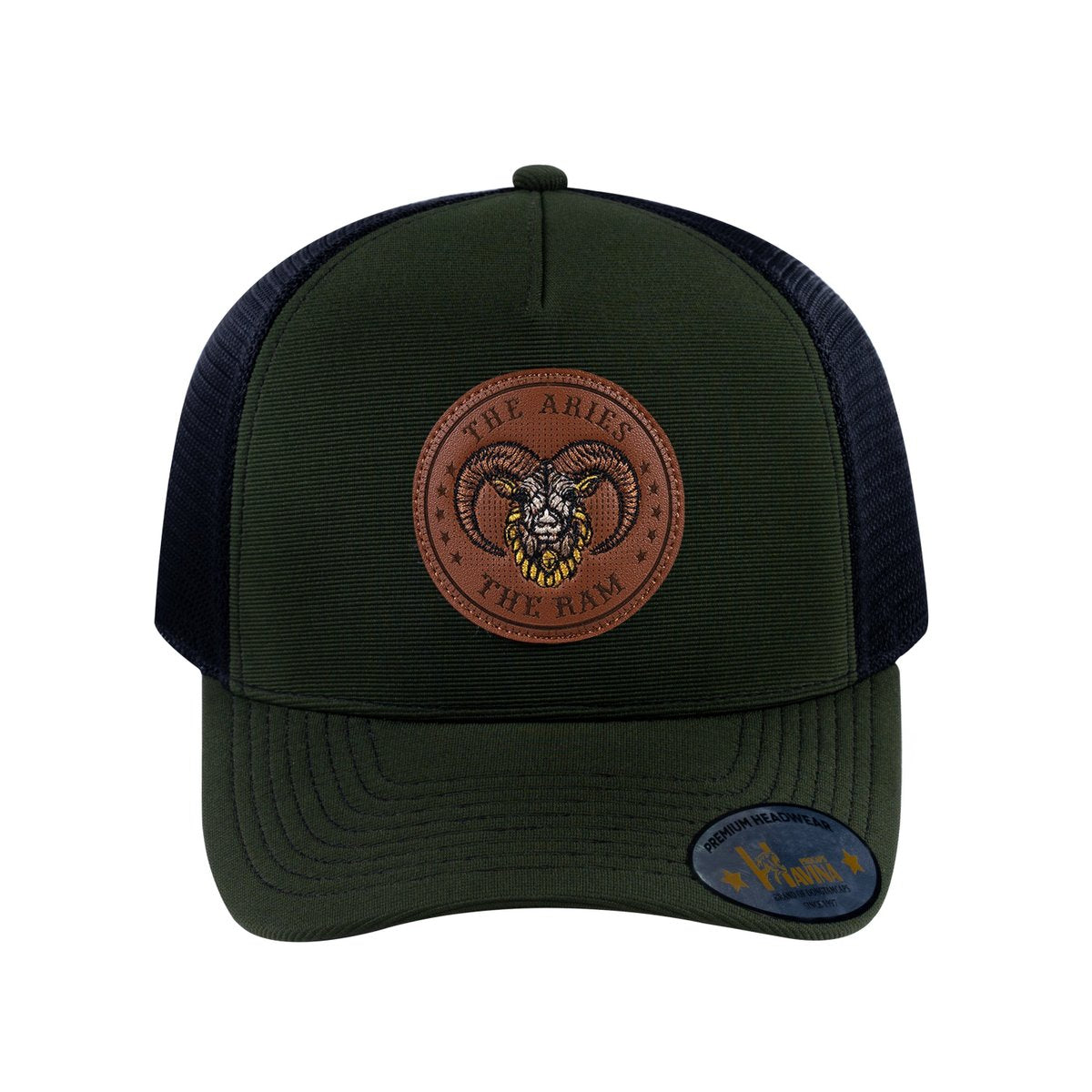 Unisex V2 Embroidered And Laser-Engraved Aries Zodiac (March 21, April 19), 5-Panel Trucker Hat, Olive/Black, Adjustable Fit