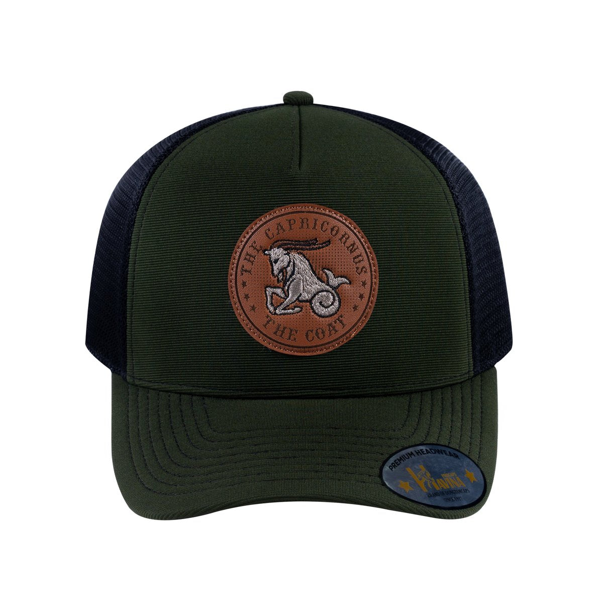 Unisex V2 Embroidered And Laser-Engraved Capricorn Zodiac (December 22, January 19), 5-Panel Trucker Hat, Olive/Black, Adjustable Fit