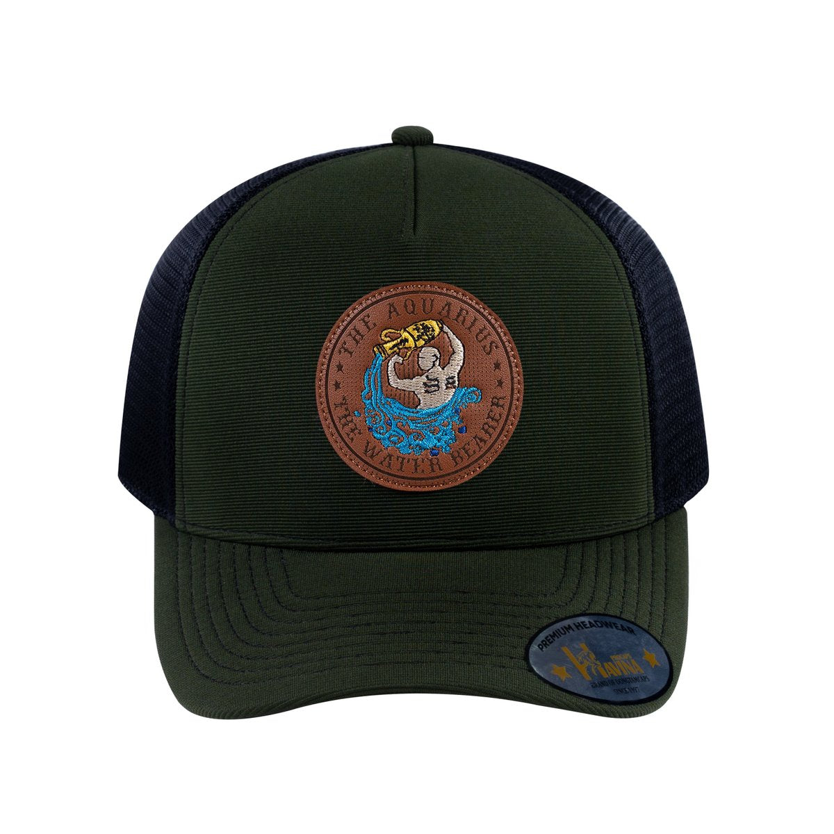Unisex V2 Embroidered And Laser-Engraved Aquarius Zodiac (January 20, February 18), 5-Panel Trucker Hat, Olive/Black, Adjustable Fit