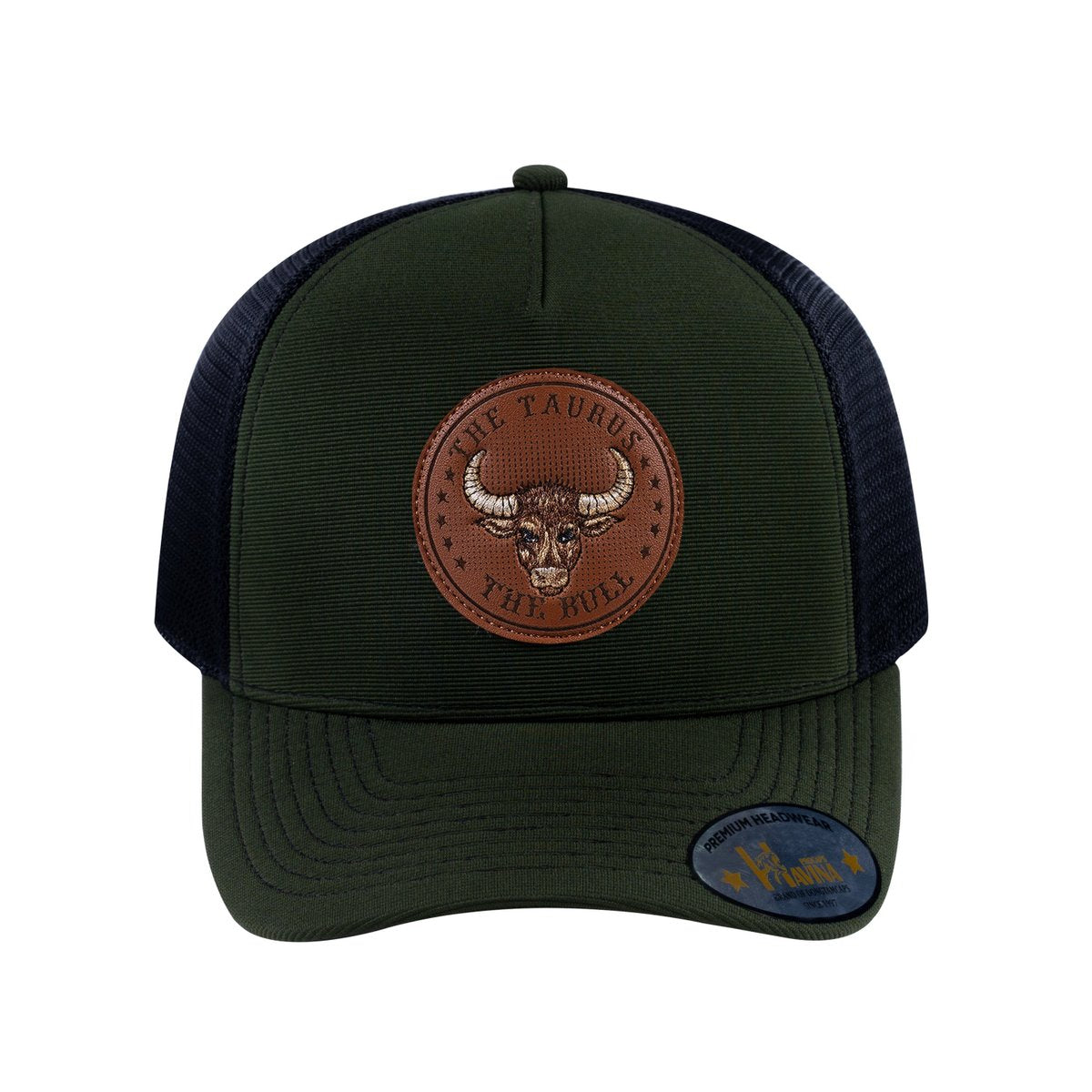 Unisex V2 Embroidered And Laser-Engraved Taurus Zodiac (April 20, May 20), 5-Panel Trucker Hat, Olive/Black, Adjustable Fit