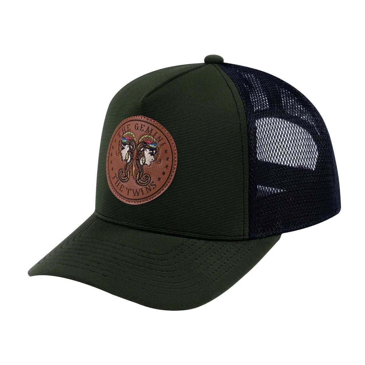 Unisex V2 Embroidered And Laser-Engraved Gemini Zodiac (May 21, June 20), 5-Panel Trucker Hat, Olive/Black, Adjustable Fit