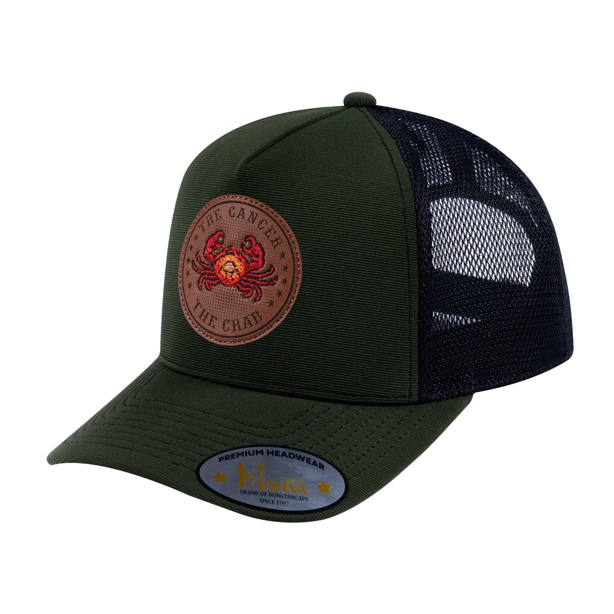 Unisex V2 Embroidered And Laser-Engraved Cancer Zodiac (June 21, July 22), 5-Panel Trucker Hat, Olive/Black, Adjustable Fit