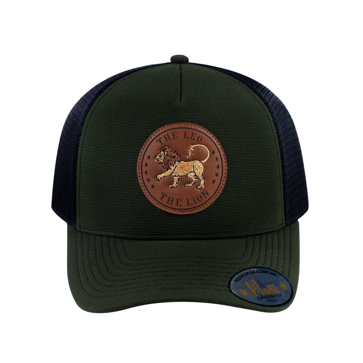 Unisex V2 Embroidered And Laser-Engraved Leo Zodiac (July 23, August 22), 5-Panel Trucker Hat, Olive/Black, Adjustable Fit
