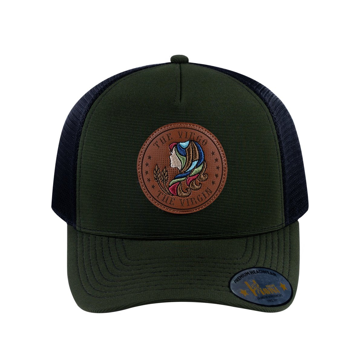 Unisex V2 Embroidered And Laser-Engraved Virgo Zodiac (August 23, September 22), 5-Panel Trucker Hat, Olive/Black, Adjustable Fit