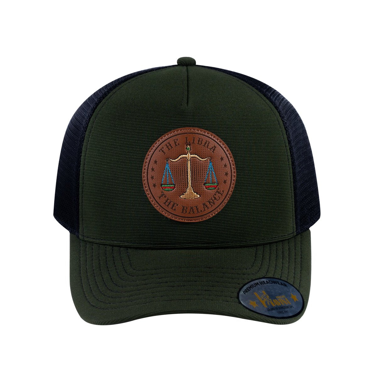Unisex V2 Embroidered And Laser-Engraved Libra Zodiac (September 23, October 22), 5-Panel Trucker Hat, Olive/Black, Adjustable Fit