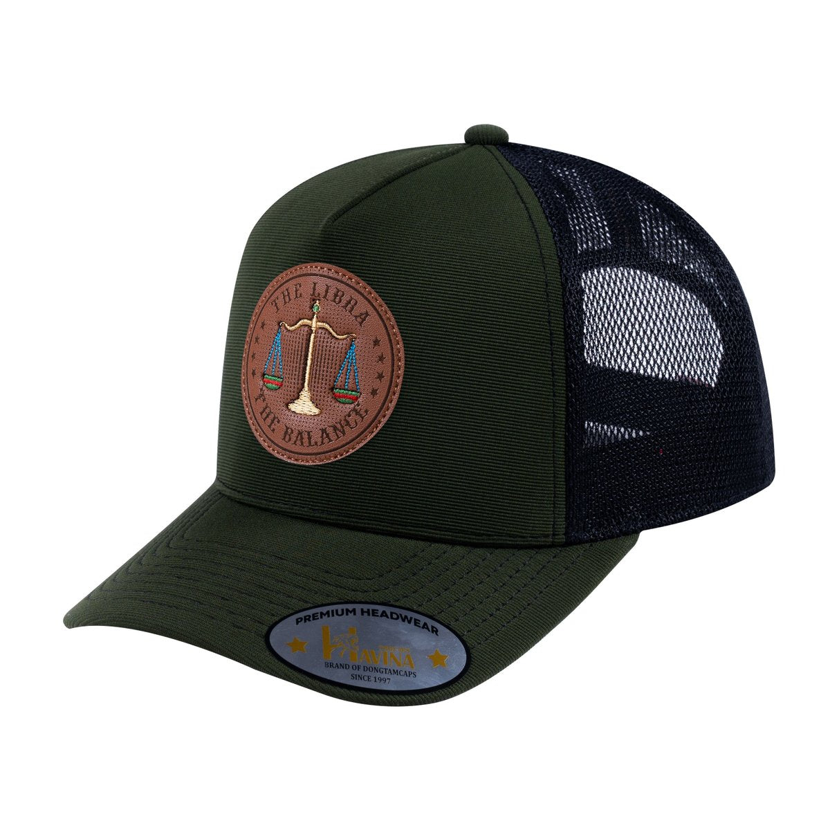 Unisex V2 Embroidered And Laser-Engraved Libra Zodiac (September 23, October 22), 5-Panel Trucker Hat, Olive/Black, Adjustable Fit