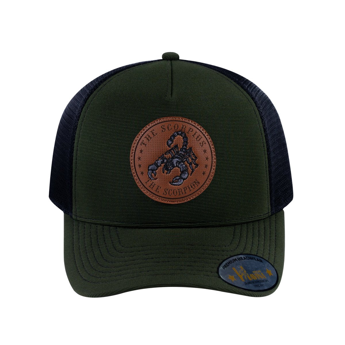 Unisex V2 Embroidered And Laser-Engraved Scorpius Zodiac (October 23, November 21), 5-Panel Trucker Hat, Olive/Black, Adjustable Fit