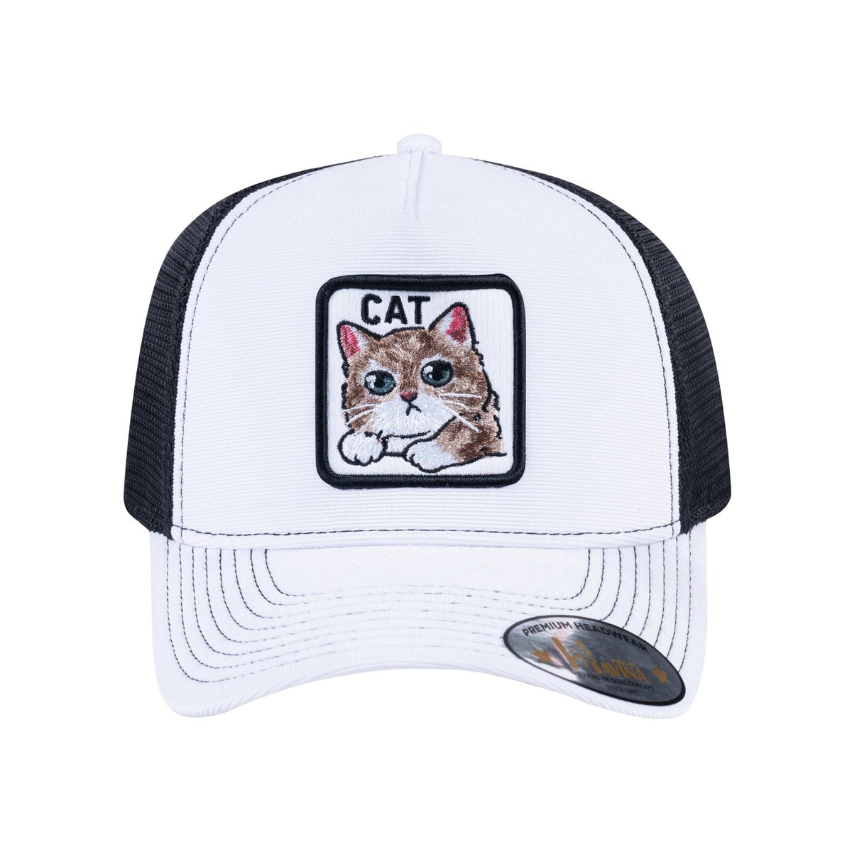 Unisex V2 Embroidered The Cat, 5-Panel Trucker Hat, White/Black, Adjustable Fit